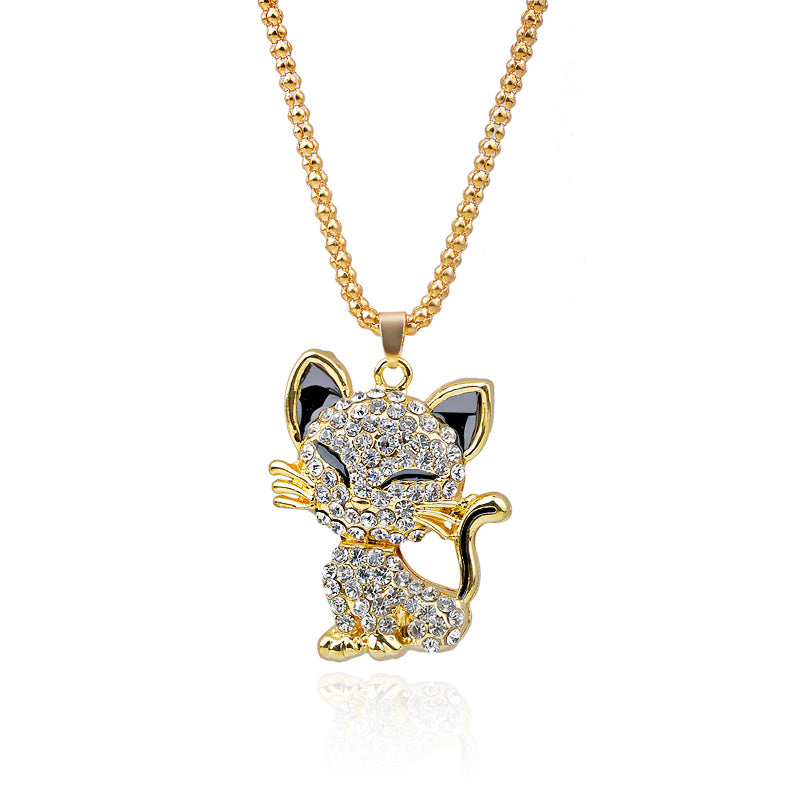 Cat Lover Cute Rhinestone Cat Popcorn Chain Necklace - virtualcatstore.com