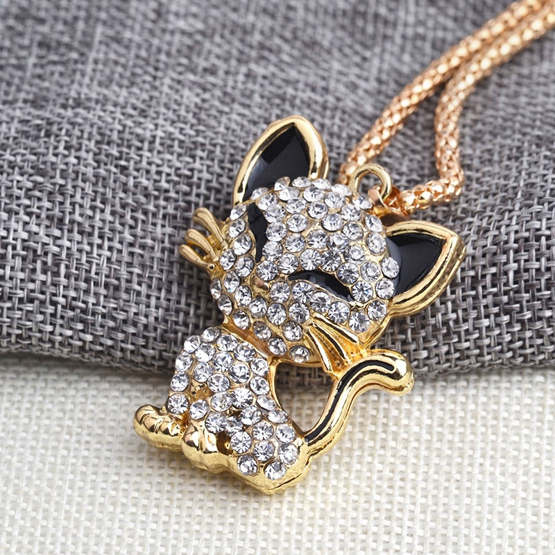 Cat Lover Cute Rhinestone Cat Popcorn Chain Necklace - virtualcatstore.com