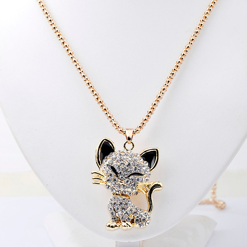 Cat Lover Cute Rhinestone Cat Popcorn Chain Necklace - virtualcatstore.com