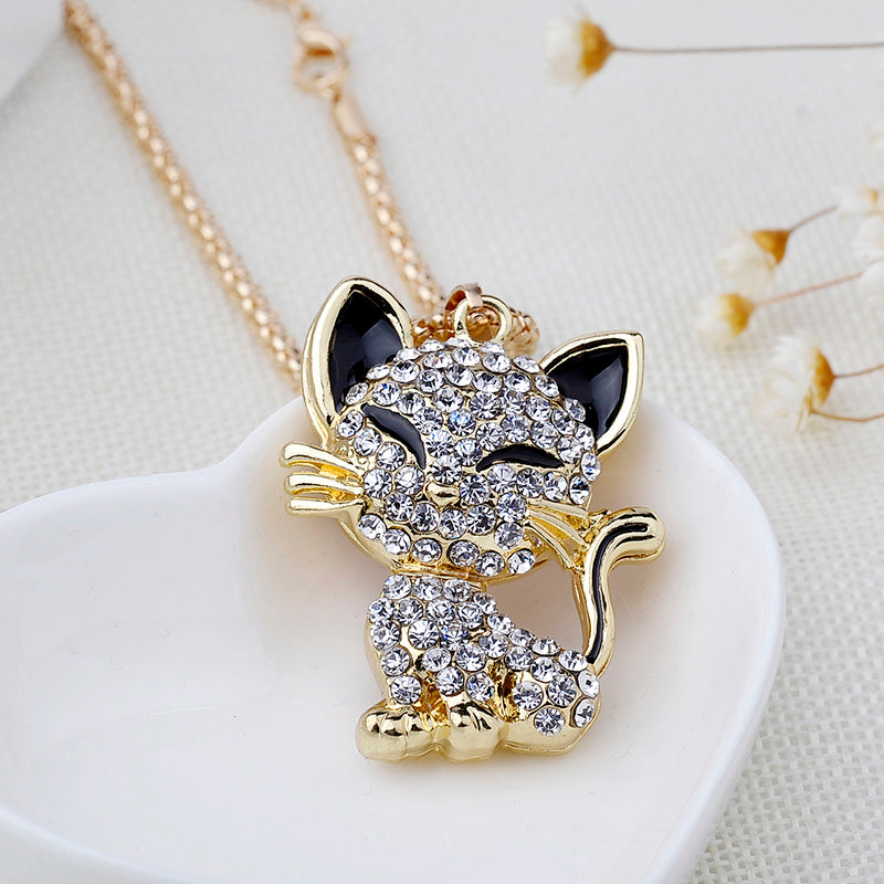 Cat Lover Cute Rhinestone Cat Popcorn Chain Necklace - virtualcatstore.com