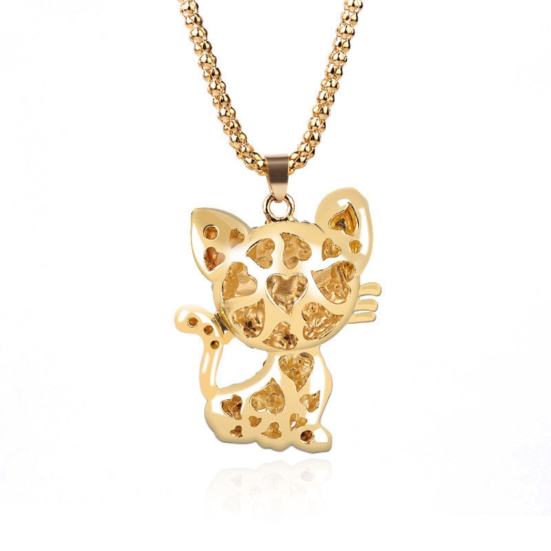 Cat Lover Cute Rhinestone Cat Popcorn Chain Necklace - virtualcatstore.com