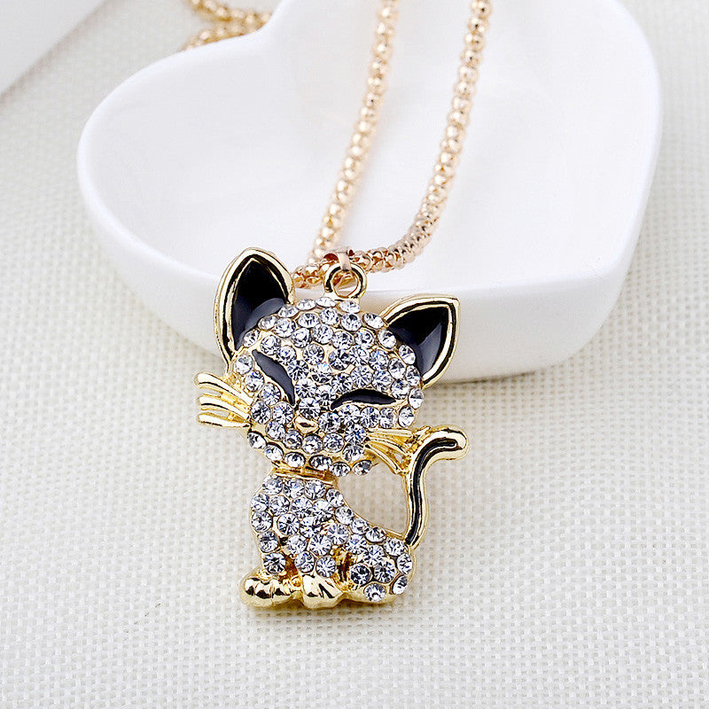 Cat Lover Cute Rhinestone Cat Popcorn Chain Necklace - virtualcatstore.com