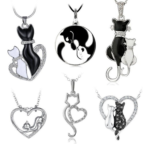 Cute Hollow Shiny Rhinestone Cat Heart Pendant Choker Chain Necklace - virtualcatstore.com