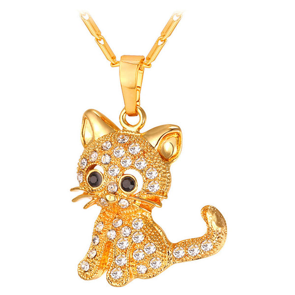 Cute Rhinestone Cat Pendant Gold/Silver Color Necklace - virtualcatstore.com