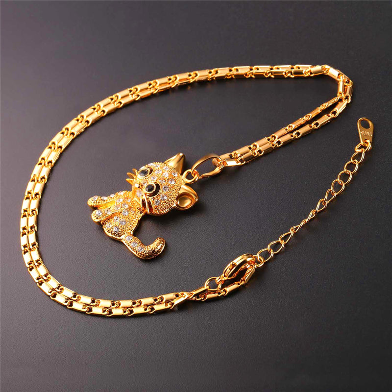 Cute Rhinestone Cat Pendant Gold/Silver Color Necklace - virtualcatstore.com