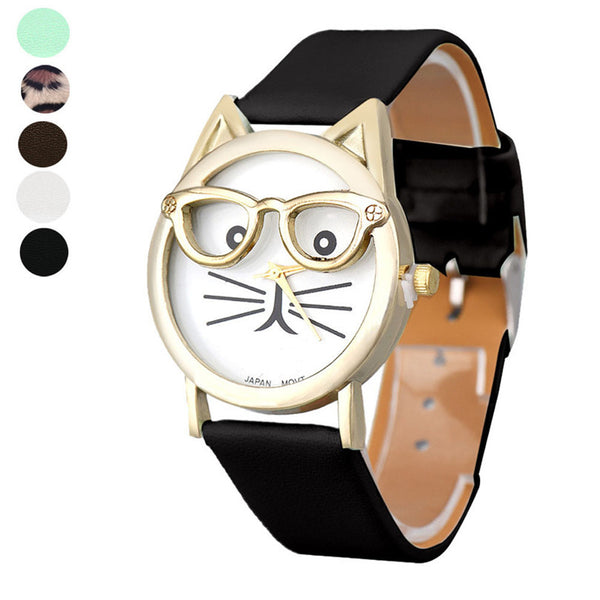 Fashion reloj mujer Cute Cat Glasses bayan saat Quartz Analog women watches Leather Band Simple Cat Clock cat watches - virtualcatstore.com