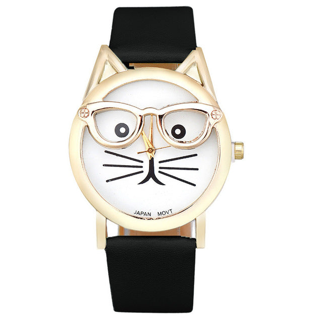 Fashion reloj mujer Cute Cat Glasses bayan saat Quartz Analog women watches Leather Band Simple Cat Clock cat watches - virtualcatstore.com