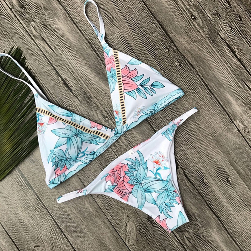 Light Blue Leaf Flower Women Bikini Swimsuit Padded Buckle Shoulder Strap - virtualcatstore.com