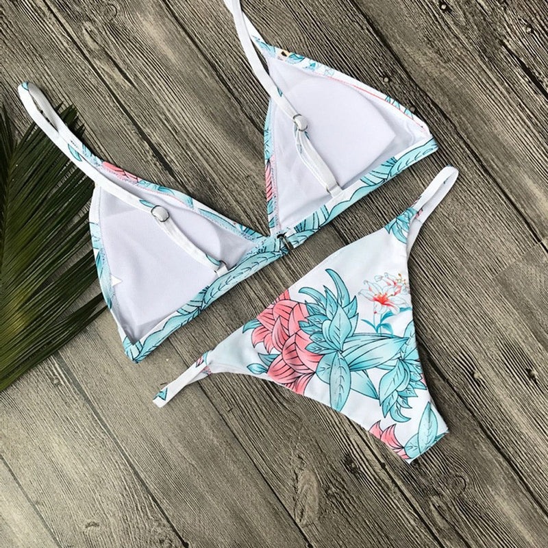 Light Blue Leaf Flower Women Bikini Swimsuit Padded Buckle Shoulder Strap - virtualcatstore.com