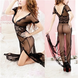 Sexy Lingerie Women Erotic Lace Sheer Elegant Lady lingerie Sleepwear Transparent Dress Sexy Lingerie + String Set - virtualcatstore.com