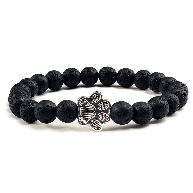 Natural Matte Black  Volcanic Stone Paw Print Charm Bracelet - virtualcatstore.com