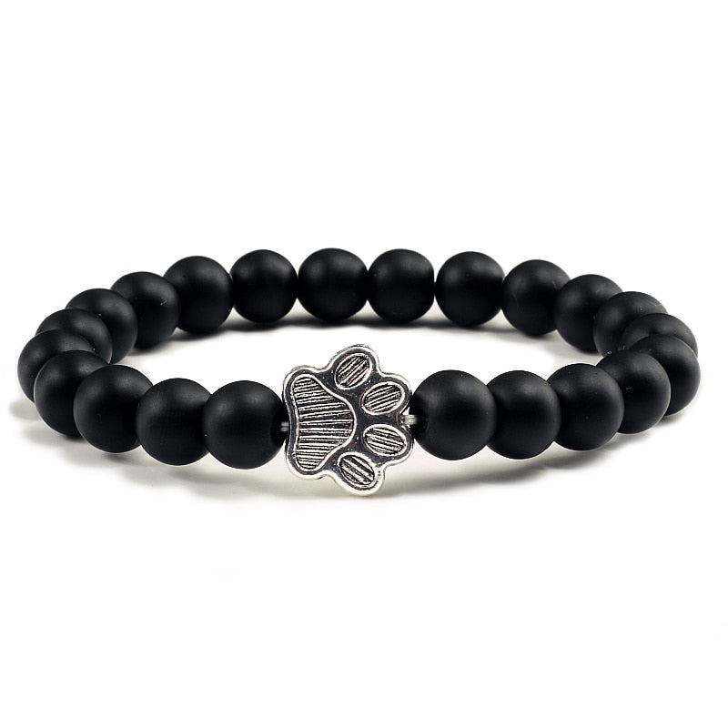 Natural Matte Black  Volcanic Stone Paw Print Charm Bracelet - virtualcatstore.com