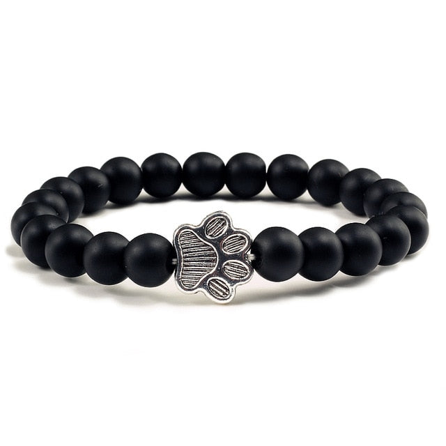 Natural Matte Black  Volcanic Stone Paw Print Charm Bracelet - virtualcatstore.com