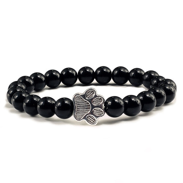 Natural Matte Black  Volcanic Stone Paw Print Charm Bracelet - virtualcatstore.com