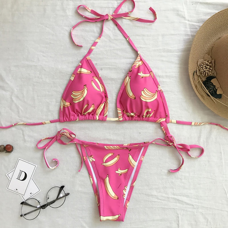 Pink Banana Print  Bikini String Biquini Suit Two Piece Padded Low Waist Shower Bikinis - virtualcatstore.com