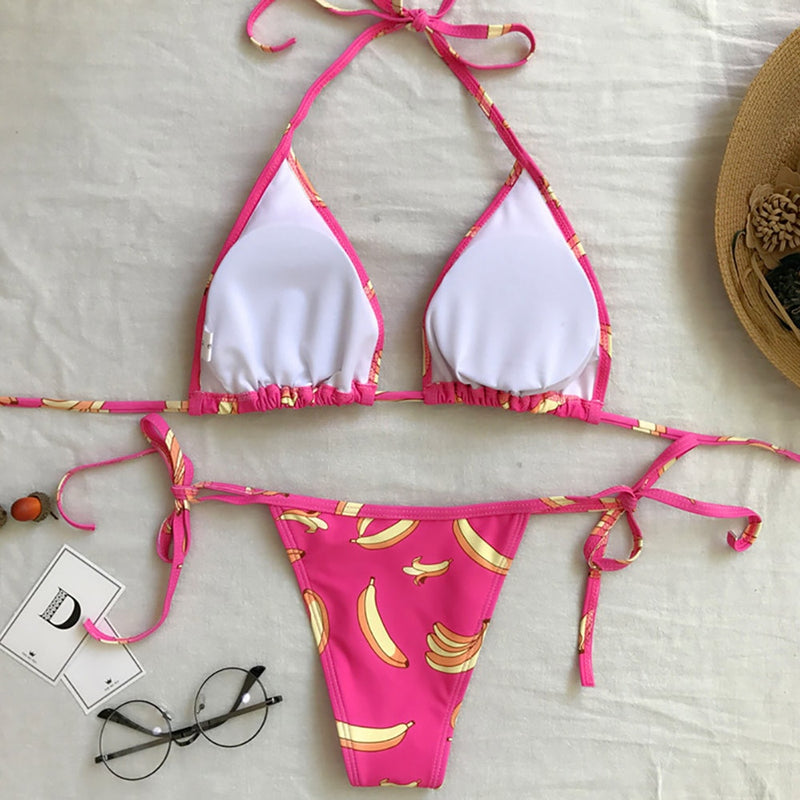 Pink Banana Print  Bikini String Biquini Suit Two Piece Padded Low Waist Shower Bikinis - virtualcatstore.com