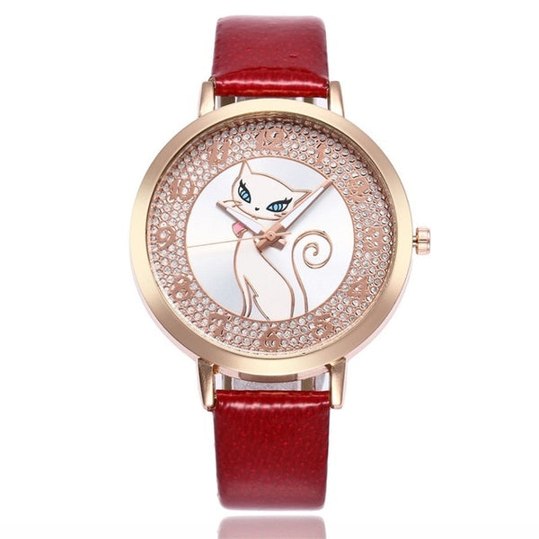 MINHIN Cartoon Cat Watches For Women Fashion Leather Strap Quartz Wristwatches - virtualcatstore.com