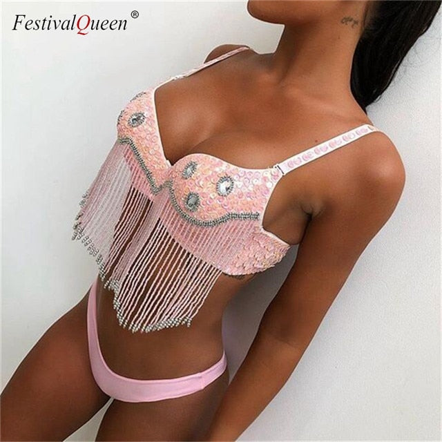 sexy sequins tassel diamond crop tops V neck back closure push up party wear tank top - virtualcatstore.com