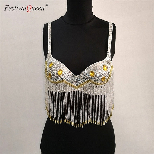 sexy sequins tassel diamond crop tops V neck back closure push up party wear tank top - virtualcatstore.com