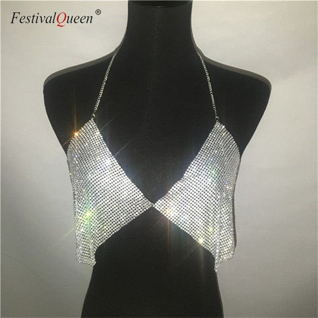 crystal rhinestone Bra women sexy Metal chain halter backless night club diamond bras top - virtualcatstore.com