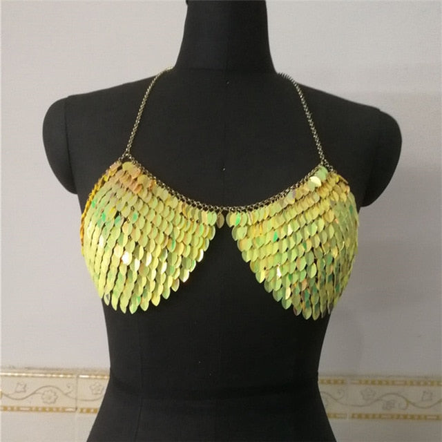 Handcrafted Chest Cover Up Top Fashion Exaggerated Fish Scale Sequin Party Club Crop Tops - virtualcatstore.com