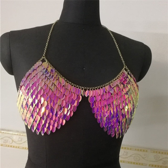 Handcrafted Chest Cover Up Top Fashion Exaggerated Fish Scale Sequin Party Club Crop Tops - virtualcatstore.com