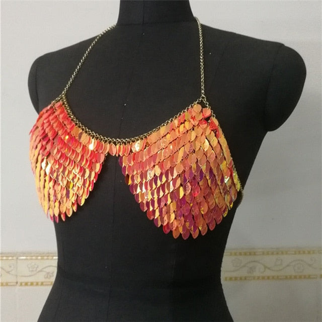 Handcrafted Chest Cover Up Top Fashion Exaggerated Fish Scale Sequin Party Club Crop Tops - virtualcatstore.com