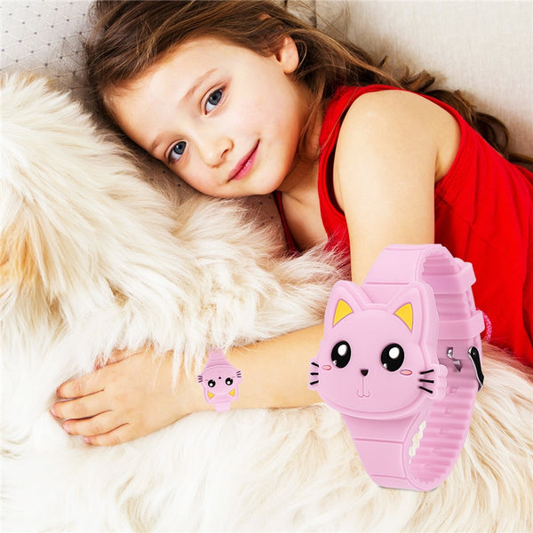Cute Pink Cartoon Cat Watches Kids Quartz Watches Girl Hello Kitty Children'S Watch LED Digital Display Flip clock watch - virtualcatstore.com