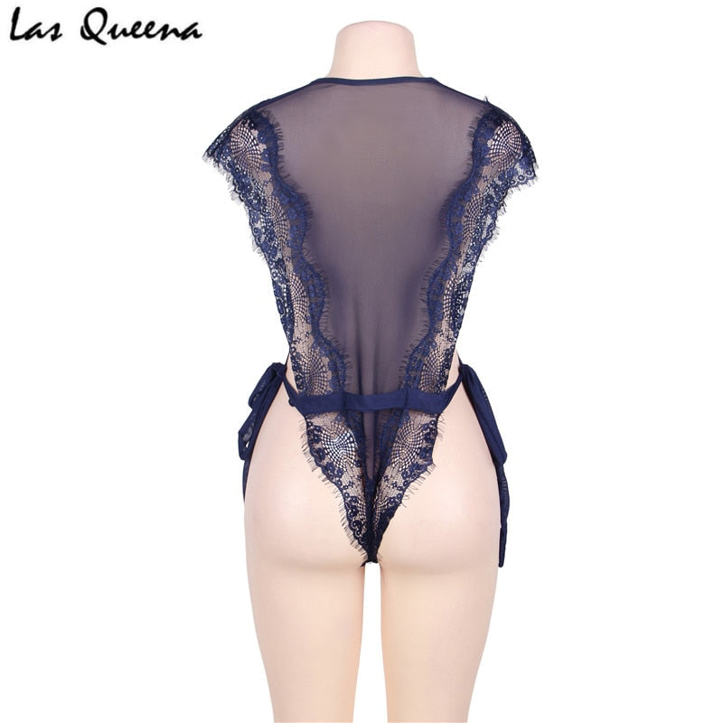 Lace Teddy Lingerie Transparent Hot Sex Lingerie Deep V-Neck Bodysuit Women Sexy Erotic Lingerie Plus Size Female Lingerie Teddy - virtualcatstore.com