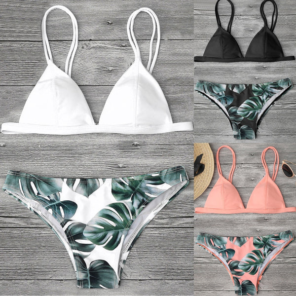 Women Split Swimwear Bikini Set Tropical Leave Print Bottom Solid Top Female Brazilian Bather Suit - virtualcatstore.com