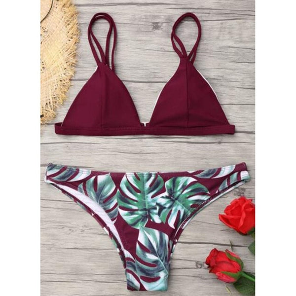 Women Split Swimwear Bikini Set Tropical Leave Print Bottom Solid Top Female Brazilian Bather Suit - virtualcatstore.com