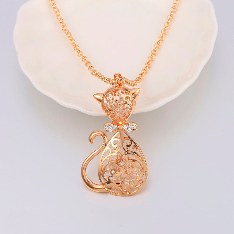 Cute Cat Necklace Gold Color With Rhinestone Long Necklace - virtualcatstore.com