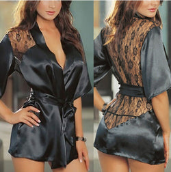 new Sexy Lingerie Satin Lace Black Kimono Intimate Sleepwear Robe Night Gown lin - virtualcatstore.com