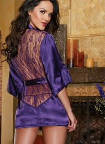 new Sexy Lingerie Satin Lace Black Kimono Intimate Sleepwear Robe Night Gown lin - virtualcatstore.com