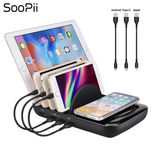 fast charger Multi port charging station with wireless and 3 pcs cables for iPhone Samsung Huawei Xiaomi - virtualcatstore.com