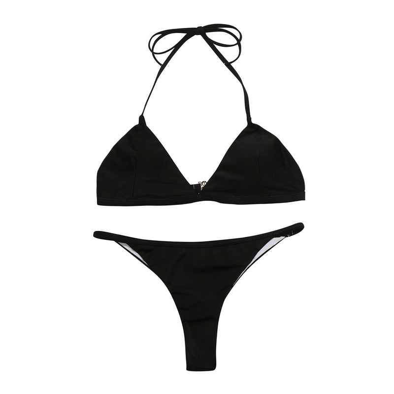 Sexy Women Swimming Bikini Wear Bandage Padded Bra Hanging Neck Swimsuit Solid Color Thong - virtualcatstore.com